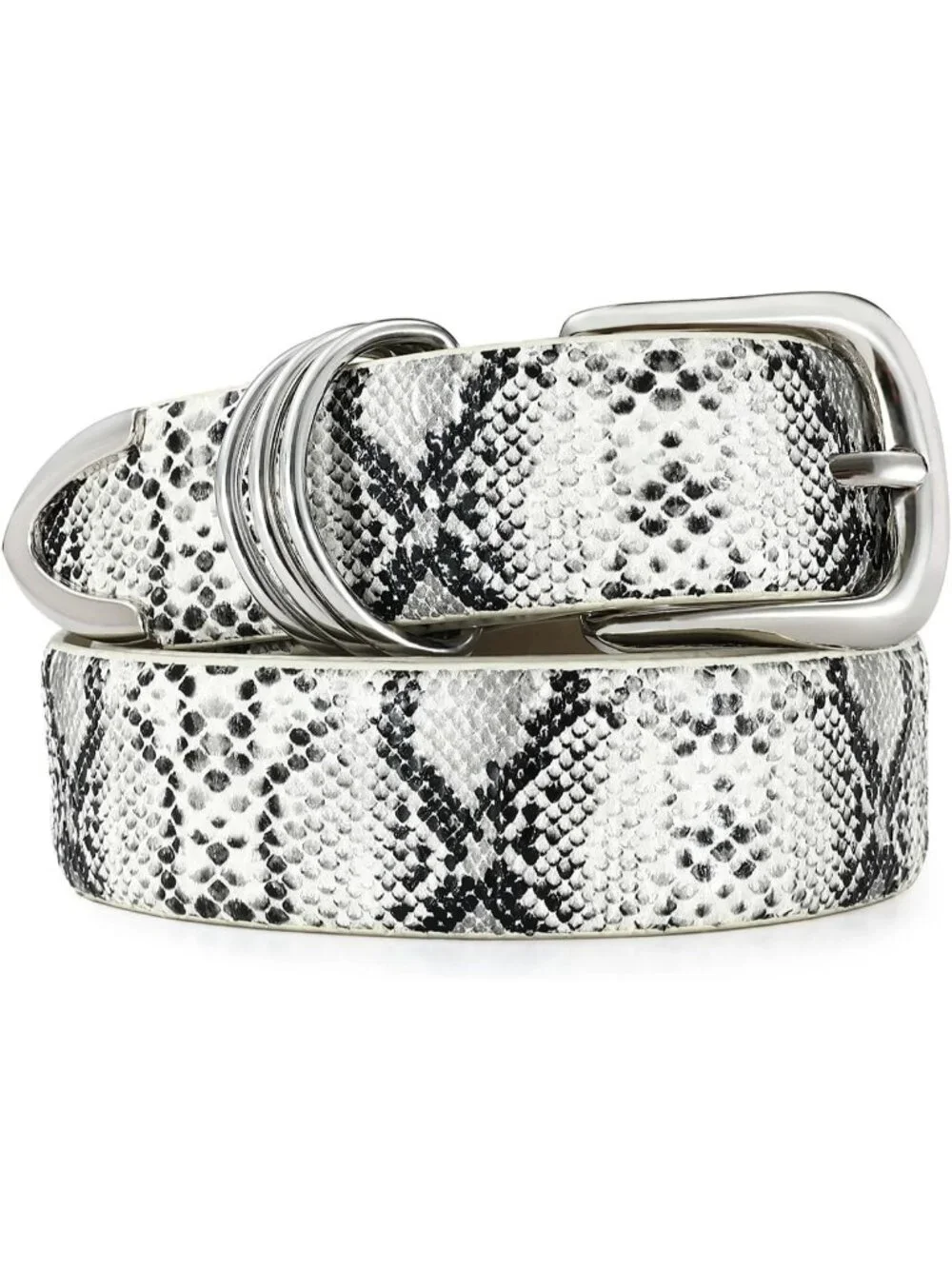 Women White Snake Leather Dress Belt For Pants Jeans Fashion With Silver Buckle